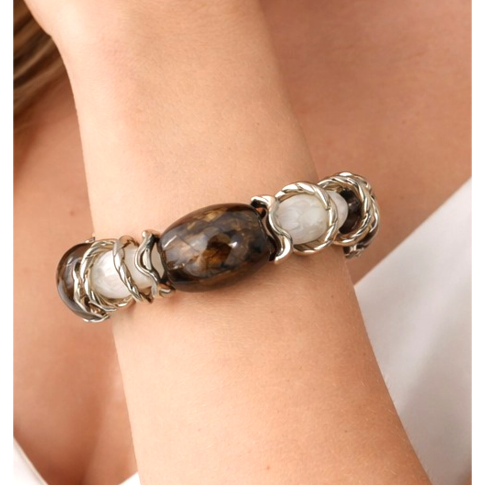 Chunky Brown & White Beaded Silver Tone Stretchy Bangle‎ Bracelet B-TN15
